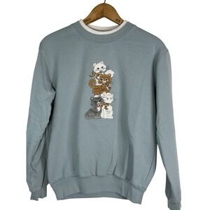 Morning Sun Vintage Kitty Cat Crewneck sweatshirt Size Small light blue